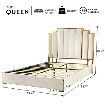 HOWE Queen Bed Frame Golden Trim Velvet Headboard