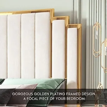 HOWE Queen Bed Frame Golden Trim Velvet Headboard