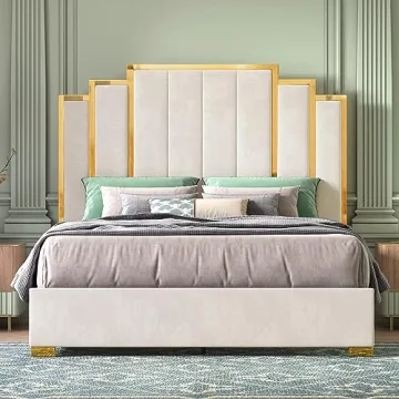 HOWE Queen Bed Frame Golden Trim Velvet Headboard