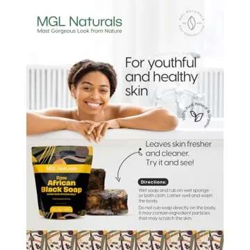 MGL Naturals Best Organic African Black Soap, 1 lb, For Acne, Eczema, Dark spots, Rashes & Blemish from Ghana, Africa. Face and body deep cleanse wash. For skin conditions (1 lb)