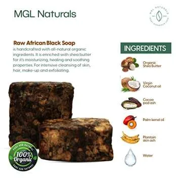MGL Naturals Best Organic African Black Soap, 1 lb, For Acne, Eczema, Dark spots, Rashes & Blemish from Ghana, Africa. Face and body deep cleanse wash. For skin conditions (1 lb)
