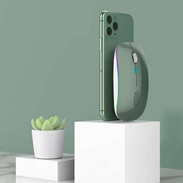 Uiosmuph LED Wireless Silent Mouse, G12 Slim Rechargeable, 2.4G Portable USB Optical Computer Mice with USB Receiver and Type C Adapter (Blacklish Green)