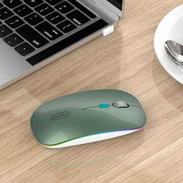 Uiosmuph LED Wireless Silent Mouse, G12 Slim Rechargeable, 2.4G Portable USB Optical Computer Mice with USB Receiver and Type C Adapter (Blacklish Green)