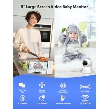 iFamily Baby Monitor with Camera and Audio – 720P HD Resolution, Large Display, 5000mAh Battery, N...