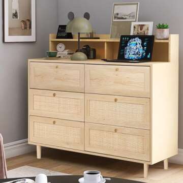FUQARHY Rattan Dresser for Bedroom with Shelves, Modern 6 Drawer Double Dresser with Charging Station, Wood Chest of Drawers for Bedroom, Living Room, Hallway (Natural)