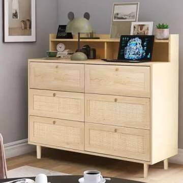 FUQARHY Rattan Dresser for Bedroom with Shelves, Modern 6 Drawer Double Dresser with Charging Station, Wood Chest of Drawers for Bedroom, Living Room, Hallway (Natural)