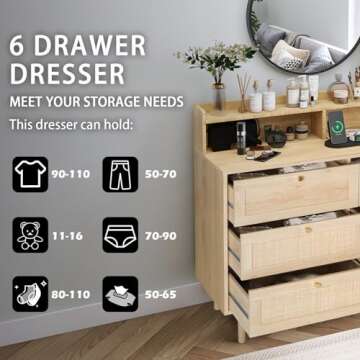 FUQARHY Rattan Dresser for Bedroom with Shelves, Modern 6 Drawer Double Dresser with Charging Station, Wood Chest of Drawers for Bedroom, Living Room, Hallway (Natural)