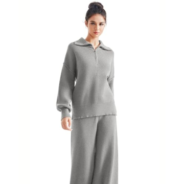 SUUKSESS Women 2 Piece Lounge Sets Quarter Zip Pullover Wide Leg Pants Oversized Matching Sets (Gray, S)