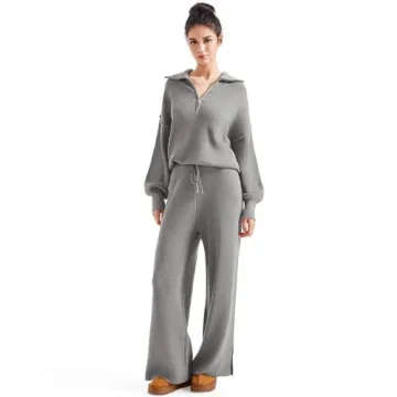 SUUKSESS Women 2 Piece Lounge Sets Quarter Zip Pullover Wide Leg Pants Oversized Matching Sets (Gray, S)