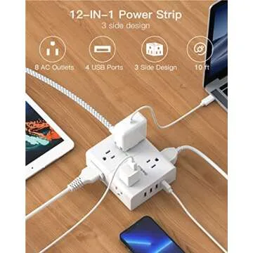 Extension Cord 10 Ft, Surge Protector Power Strip - 8 Widely Outlets 4 USB Ports 10 Ft Long Cord, Flat Plug, Wall Mount, 3-Side Outlet Extender Overload Protect for Home Office Dorm