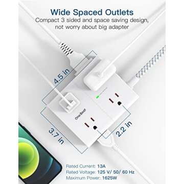 Extension Cord 10 Ft, Surge Protector Power Strip - 8 Widely Outlets 4 USB Ports 10 Ft Long Cord, Flat Plug, Wall Mount, 3-Side Outlet Extender Overload Protect for Home Office Dorm