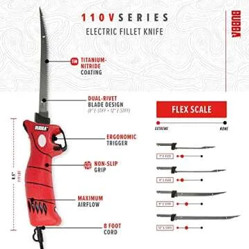 BUBBA 110V Electric Fillet Knife with Non-Slip Grip Handle, 4 Ti-Nitride S.S. Coated Non-Stick Reciprocating Blades, 8' Cord and Storage Case for Fishing