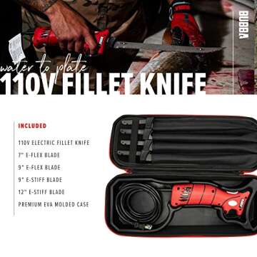 BUBBA 110V Electric Fillet Knife with Non-Slip Grip Handle, 4 Ti-Nitride S.S. Coated Non-Stick Reciprocating Blades, 8' Cord and Storage Case for Fishing