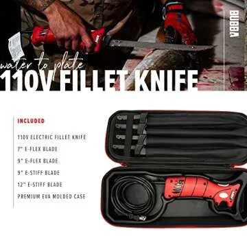 BUBBA 110V Electric Fillet Knife with Non-Slip Grip Handle, 4 Ti-Nitride S.S. Coated Non-Stick Reciprocating Blades, 8' Cord and Storage Case for Fishing