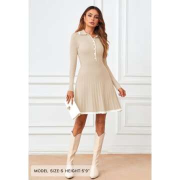 MEROKEETY Women's Long Sleeve V Neck Sweater Dress 2024 Fall Button Ribbed Knit Pleated Mini Dresses...