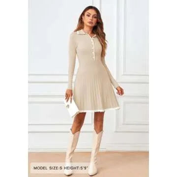 MEROKEETY Women's Long Sleeve V Neck Sweater Dress 2024 Fall Button Ribbed Knit Pleated Mini Dresses...