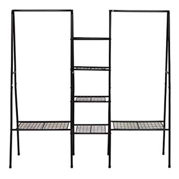 Black Metal Garment Rack, Free Standing Closet Storage Organizer w/ 6 Shelves & Hanging Bar,Metal Garment Rack Heavy Duty Indoor Bedroom RACK, Open Wardrobe Rack for Hanging Clothes and Storage