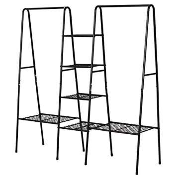 Black Metal Garment Rack, Free Standing Closet Storage Organizer w/ 6 Shelves & Hanging Bar,Metal Garment Rack Heavy Duty Indoor Bedroom RACK, Open Wardrobe Rack for Hanging Clothes and Storage