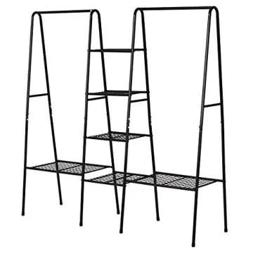 Black Metal Garment Rack, Free Standing Closet Storage Organizer w/ 6 Shelves & Hanging Bar,Metal Garment Rack Heavy Duty Indoor Bedroom RACK, Open Wardrobe Rack for Hanging Clothes and Storage