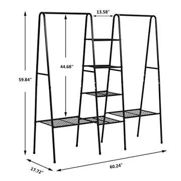 Black Metal Garment Rack, Free Standing Closet Storage Organizer w/ 6 Shelves & Hanging Bar,Metal Garment Rack Heavy Duty Indoor Bedroom RACK, Open Wardrobe Rack for Hanging Clothes and Storage