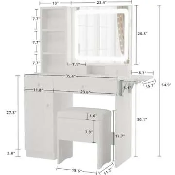 LIKIMIO Vanity Desk with Drawers & LED Lighted Mirror & Power Outlet & Cabinet, Storage Stool, Stylish Bedroom Makeup Table Set, White