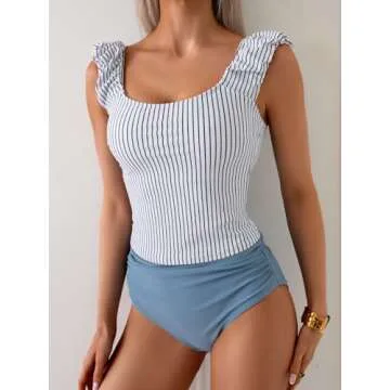 Eomenie Tankini Swimsuits for Women Tummy Control Ruched Bathing Suit Two Piece Swim Tank Top with High Waisted Bottom Black White Stripe