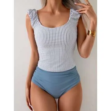 Eomenie Tankini Swimsuits for Women Tummy Control Ruched Bathing Suit Two Piece Swim Tank Top with High Waisted Bottom Black White Stripe