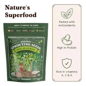 Seedboy Organic Sprouting Seeds - Salad Blend Variety- Non-GMO, USA Grown Microgreens Mix - Alfalfa, Broccoli, Radish, Mung Bean, Lentil - Makes 8 Quarts of Sprouts, 24 Servings (8 oz) (Salad Blend)