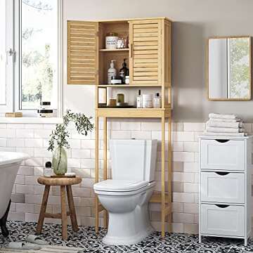 SONGMICS Over The Toilet Storage Cabinet, Bathroom Cabinet with Adjustable Inside Shelf and Bottom S...