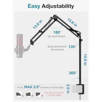 InnoGear Desk Mic Stand, 360° Rotatable Overhead Mic Boom Arm Microphone Stands High Riser for Blue Yeti Snowball HyperX QuadCast SoloCast Fifine Shure SM7B and Other Mics