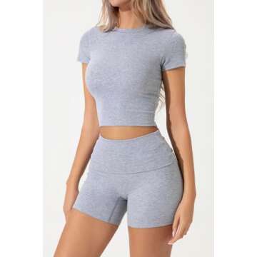 QINSEN Womens Lounge Set 2 Piece Outfits Matching Sets loungewear Short Sleeve Tops Fold Over Shorts Grey XL