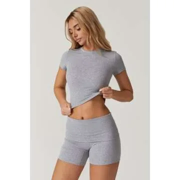 QINSEN Womens Lounge Set 2 Piece Outfits Matching Sets loungewear Short Sleeve Tops Fold Over Shorts Grey XL