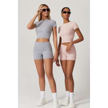 QINSEN Womens Lounge Set 2 Piece Outfits Matching Sets loungewear Short Sleeve Tops Fold Over Shorts Grey XL