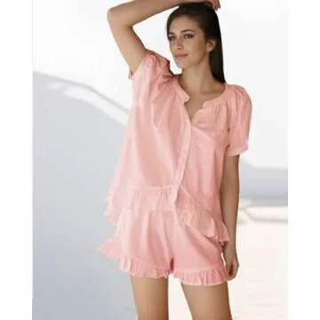 Sotimoon Womens Summer Short Sets 2 Piece Outfits Button Down Ruffle Trim Top and Shorts Cotton Pajamas Set Pink
