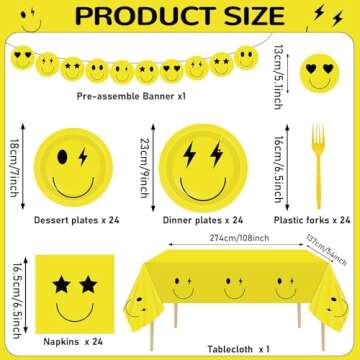 Justforjoyful 98 Pcs Smile Face Birthday Decoration Set Preppy Party Supplies Yellow Smile Face Plates and Napkins Tableware Set with Preppy Banners Tablecloth Smile Birthday Party Favors Party Decor