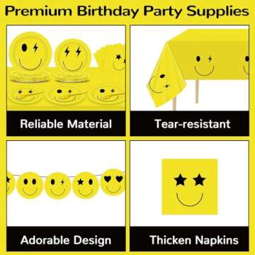 Justforjoyful 98 Pcs Smile Face Birthday Decoration Set Preppy Party Supplies Yellow Smile Face Plates and Napkins Tableware Set with Preppy Banners Tablecloth Smile Birthday Party Favors Party Decor