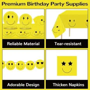 Justforjoyful 98 Pcs Smile Face Birthday Decoration Set Preppy Party Supplies Yellow Smile Face Plates and Napkins Tableware Set with Preppy Banners Tablecloth Smile Birthday Party Favors Party Decor