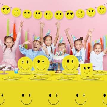 Justforjoyful 98 Pcs Smile Face Birthday Decoration Set Preppy Party Supplies Yellow Smile Face Plates and Napkins Tableware Set with Preppy Banners Tablecloth Smile Birthday Party Favors Party Decor