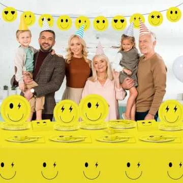 Justforjoyful 98 Pcs Smile Face Birthday Decoration Set Preppy Party Supplies Yellow Smile Face Plates and Napkins Tableware Set with Preppy Banners Tablecloth Smile Birthday Party Favors Party Decor