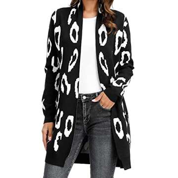 Women Long Sleeve Open Front Leopard Knit Long Cardigan(S,Black Leopard)