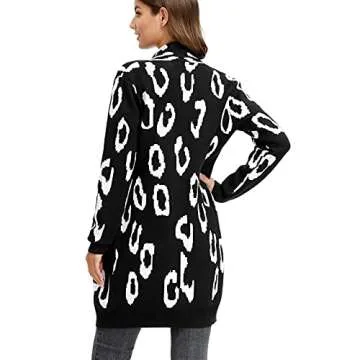 Women Long Sleeve Open Front Leopard Knit Long Cardigan(S,Black Leopard)