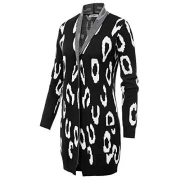Women Long Sleeve Open Front Leopard Knit Long Cardigan(S,Black Leopard)