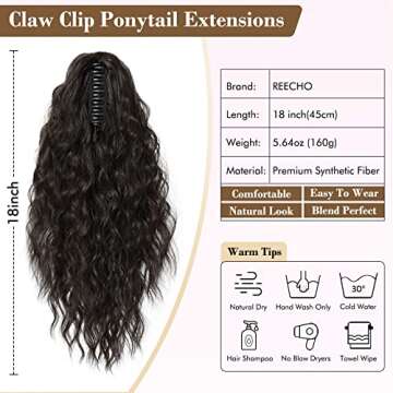 REECHO Ponytail Extension, 18 Inch Claw Clip on Ponytail Extension for Women Long Curly Wavy Hair Extensions Natural Fluffy Synthetic Clip in Ponytail Hairpiece for Daily HP002 - Black Brown