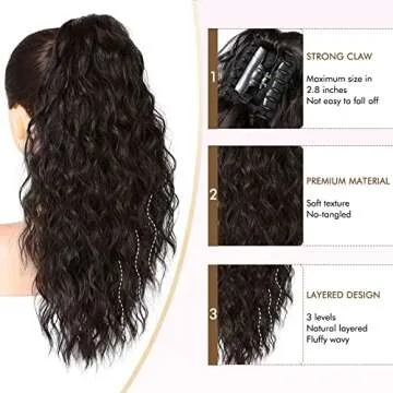 REECHO Ponytail Extension, 18 Inch Claw Clip on Ponytail Extension for Women Long Curly Wavy Hair Extensions Natural Fluffy Synthetic Clip in Ponytail Hairpiece for Daily HP002 - Black Brown