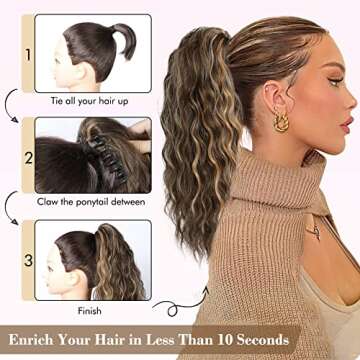 REECHO Ponytail Extension, 18 Inch Claw Clip on Ponytail Extension for Women Long Curly Wavy Hair Extensions Natural Fluffy Synthetic Clip in Ponytail Hairpiece for Daily HP002 - Black Brown