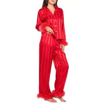 KMBANGI Women Valentine's Day Pajamas Set Heart Print Silk Satin Pjs Feather Trim Long Sleeve Shirt ...