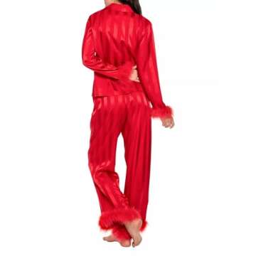 KMBANGI Women Valentine's Day Pajamas Set Heart Print Silk Satin Pjs Feather Trim Long Sleeve Shirt Pants Lounge Set Dark Red