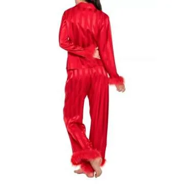KMBANGI Women Valentine's Day Pajamas Set Heart Print Silk Satin Pjs Feather Trim Long Sleeve Shirt Pants Lounge Set Dark Red