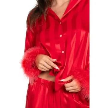 KMBANGI Women Valentine's Day Pajamas Set Heart Print Silk Satin Pjs Feather Trim Long Sleeve Shirt Pants Lounge Set Dark Red
