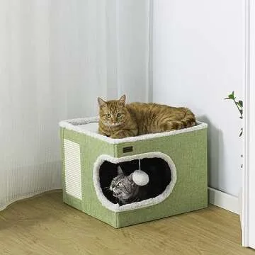 Garnpet Cat Bed for Indoor Cats Cube House, Covered Cat Cave Beds & Furniture with Scratch Pad and Hideaway Tent, Cute Modern Cat Condo for Multi Small Pet Large Kitten Kitty, Green